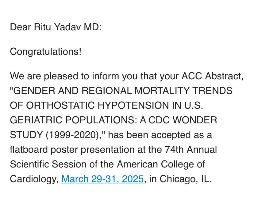 Ritu (@rituyadav_) on Twitter photo Humbled to share that my two abstracts are accepted in ACC 2025 as first author. So excited and looking forward to <a href="/ACCinTouch/">American College of Cardiology</a> in Chicago in March 2025.
#MedTwitter #CardioTwitter #Cardiologybound #CardioMatch2026 #MedEd #research Humbled to share that my two abstracts are accepted in ACC 2025 as first author. So excited and looking forward to <a href="/ACCinTouch/">American College of Cardiology</a> in Chicago in March 2025.
#MedTwitter #CardioTwitter #Cardiologybound #CardioMatch2026 #MedEd #research
