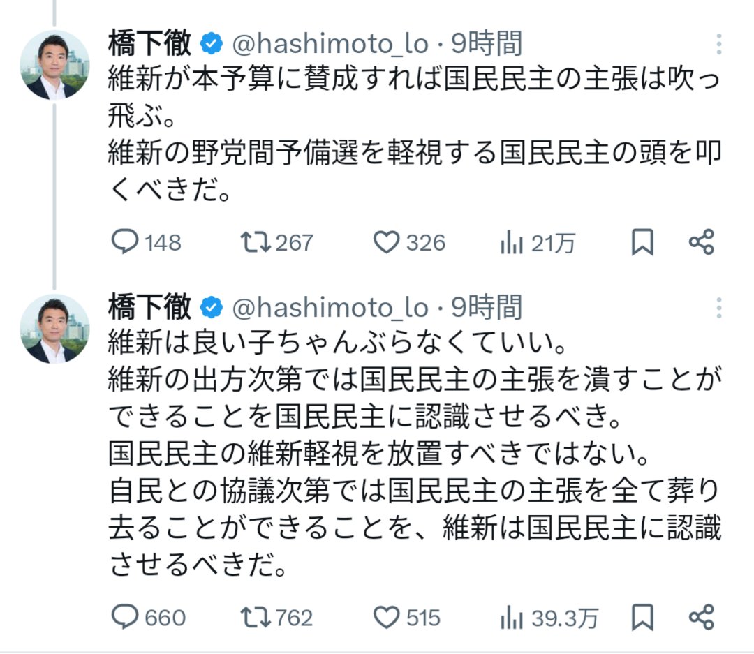 sxzBST's tweet photo. 【悲報】橋下徹、正体を現す

あんなにテレビで103万円の壁を絶賛し、玉木雄一郎と国民民主党にメロメロだった橋下徹さん、急に人が変わったように「維新の出方次第では国民民主の主張を潰せる」「自民との協議次第では国民民主の主張を全て葬り去ることができる」と国民の敵としての本性を現す https://t.co/Jy31cKsXAe