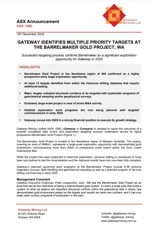 Gateway is pleased to report the outcomes of a recently completed data review and exploration targeting process at the Barrelmaker Gold Project, resulting in the identification of multiple priority targets. 

Read the full announcement here. ow.ly/7vSX50Ut1lJ

$GML #ASX