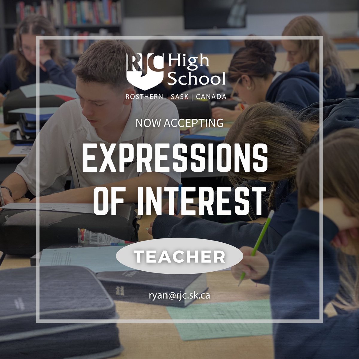 RosthernJC's tweet photo. RJC High School is now accepting expressions of interest for an anticipated teaching position in the fall of 2025-26.
Please email president, Ryan Wood, at ryan@rjc.sk.ca if you would like to express your interest, and stay updated on developments related to the hiring process. https://t.co/Ejc4llkKPW