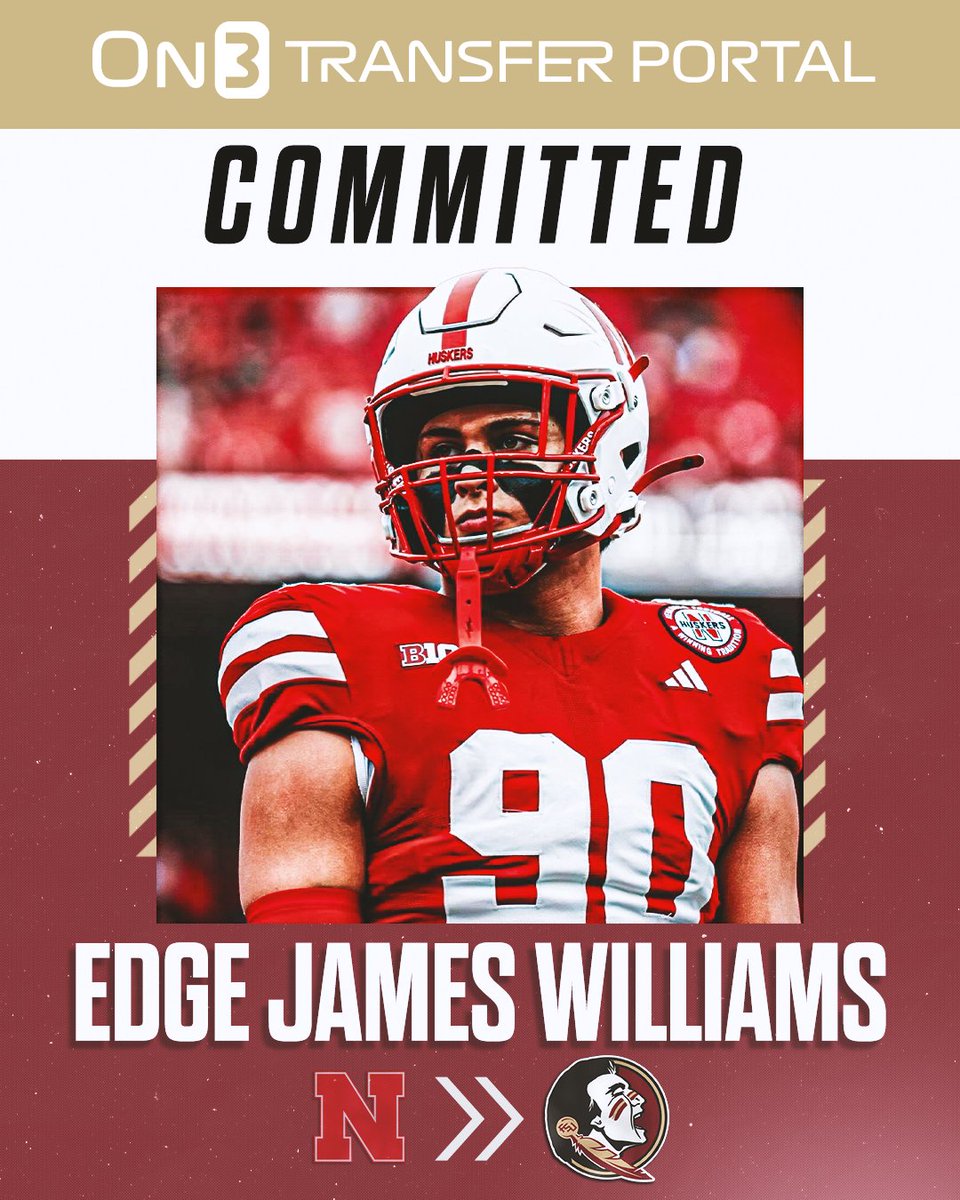 TransferPortal's tweet photo. BREAKING: Nebraska transfer EDGE James Williams has committed to Florida State, per @Hayesfawcett3🍢

https://t.co/RzSdOwYhYu