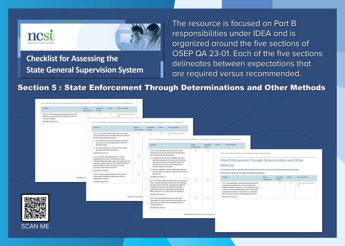 Section 5: State Enforcement Through Determinations and Other Methods, in the 'Checklist for Assessing the State General Supervision System,' provides guidance based on OSEP’s expectations for states to fulfill their general supervision responsibilities under IDEA. Learn more