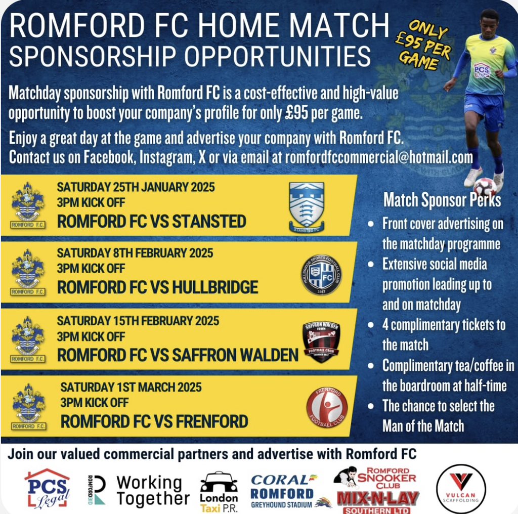 RomfordFC_commercialdept (@romfordfccorp) on Twitter photo <a href="/RomfordFC/">Romford FC</a> match sponsorship available for the following matches in 2025. Get in touch now for exposure on the day, online and social media coverage the week leading up to the match for you or your company. #football #advertising #sponsorship #romford #nonleague #essex <a href="/RomfordFC/">Romford FC</a> match sponsorship available for the following matches in 2025. Get in touch now for exposure on the day, online and social media coverage the week leading up to the match for you or your company. #football #advertising #sponsorship #romford #nonleague #essex