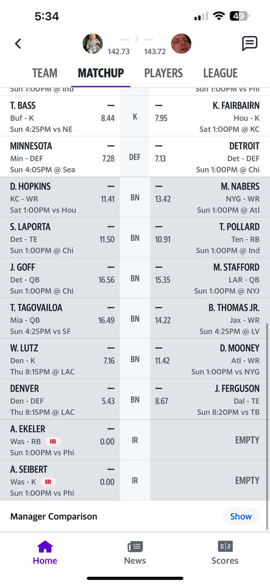 bcritch18's tweet photo. @MikeClayNFL Nervous for this week with Alvin Kamara being banged up and playing (in my opinion) the best team in our league. Any line up advice? 

My team is on the left 

@FieldYates @MikeClayNFL @Stephania_ESPN @DanielDopp @LizLoza_FF https://t.co/hdS1sNnkI6