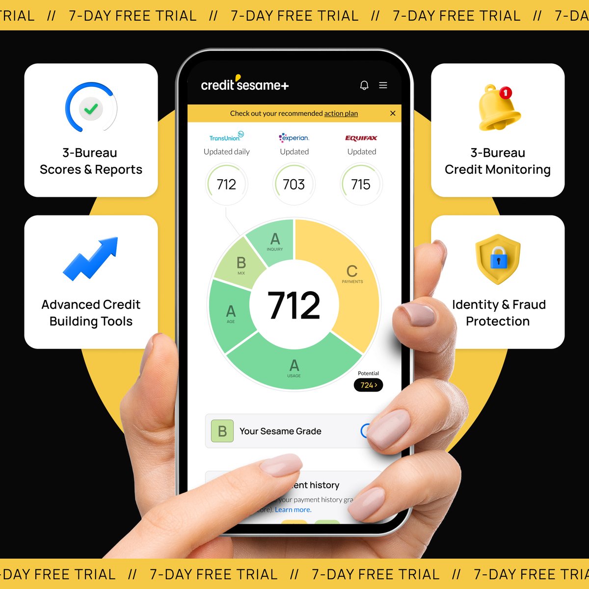 Haven’t tried Sesame+ yet? Give yourself the gift of a 7-day free trial—available when you log into your Credit Sesame account  🎁.  

*3-Bureau credit scores and reports are available after your trial period.  

#CreditSesame #SesamePlus #CreditScore