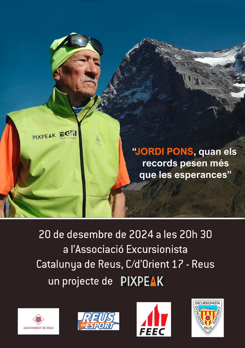 AEC_Reus's tweet image. Divendres 20 de desembre a les 20:30h a l'Associació Excursionista Catalunya de Reus: Projecció del documental de l'alpinista català Jordi Pons. 55min on es repassa la seva llarga trajectòria durant l'ascensió al Mõnch de 4.099m. Entrada gratuïta Aforament limitat
#AECReus #FEEC