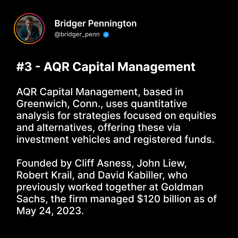 bridger_penn's tweet photo. These are the 3 biggest hedge funds in the world.

Along with Vanguard, State Street and Blackrock, these funds are taking up massive portions of market share.

What do you think? 

Let me know down below 👇 https://t.co/6JvjO88xbu