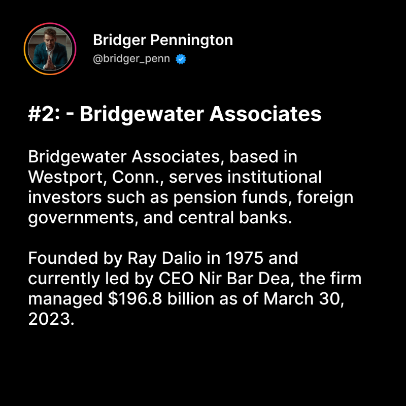 bridger_penn's tweet photo. These are the 3 biggest hedge funds in the world.

Along with Vanguard, State Street and Blackrock, these funds are taking up massive portions of market share.

What do you think? 

Let me know down below 👇 https://t.co/6JvjO88xbu