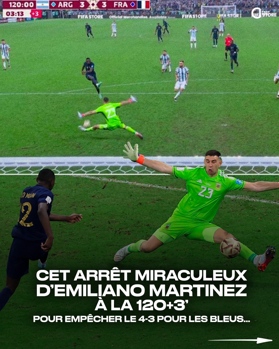 ActuFoot_'s tweet photo. Il y a 2 ans jour pour jour, c'était la finale de la Coupe du monde 2022. 

Probablement la finale de Coupe du monde la plus spectaculaire de l'Histoire.

Que retenir de ce match hors du temps ? 🏆🌍

Il y a eu la prestation légendaire de Mbappé, qui a permis aux Bleus de revenir des enfers en marquant deux buts en une minute, avant un troisième en fin de prolongation. Toute la France avait hurlé à l'unisson. 𝗟'𝗼𝘃𝗻𝗶 𝗱𝗲𝘀𝗰𝗲𝗻𝗱𝘂 𝘀𝘂𝗿 𝗧𝗲𝗿𝗿𝗲. 👽

Il y a eu le terrible face-à-face manqué par Kolo Muani, qui avait la troisième étoile au bout du pied et qui a buté sur le mur Martinez à la 123e minute. Tout le banc français était déjà entré sur le terrain, prêt à célébrer. 𝗟𝗲𝘀 𝗿𝗲𝗴𝗿𝗲𝘁𝘀 𝗲́𝘁𝗲𝗿𝗻𝗲𝗹𝘀. 😪

Il y a eu, à la fin, la victoire de l'Argentine et de son Messi(e), qui a soulevé le trophée suprême, le seul qui manquait à son palmarès et qui le place désormais tout en haut. 𝗟𝗲 𝘀𝗮𝗰𝗿𝗲 𝗱𝘂 𝗿𝗼𝗶. 👑

3 buts partout, une finale perdue aux tirs au but, un dénouement déchirant. Personne n'oubliera où il se trouvait ce 18 décembre 2022. 

« 𝗗𝗮𝗻𝘀 𝗹𝗲 𝘀𝗽𝗼𝗿𝘁, 𝗿𝗶𝗲𝗻 𝗻'𝗲𝘀𝘁 𝗽𝗹𝘂𝘀 𝗱𝗼𝘂𝗹𝗼𝘂𝗿𝗲𝘂𝘅 𝗾𝘂𝗲 𝗱𝗲 𝗽𝗮𝘀𝘀𝗲𝗿 𝘁𝗼𝘂𝘁 𝗽𝗿𝗲̀𝘀 𝗱'𝘂𝗻 𝗲𝘅𝗽𝗹𝗼𝗶𝘁. »