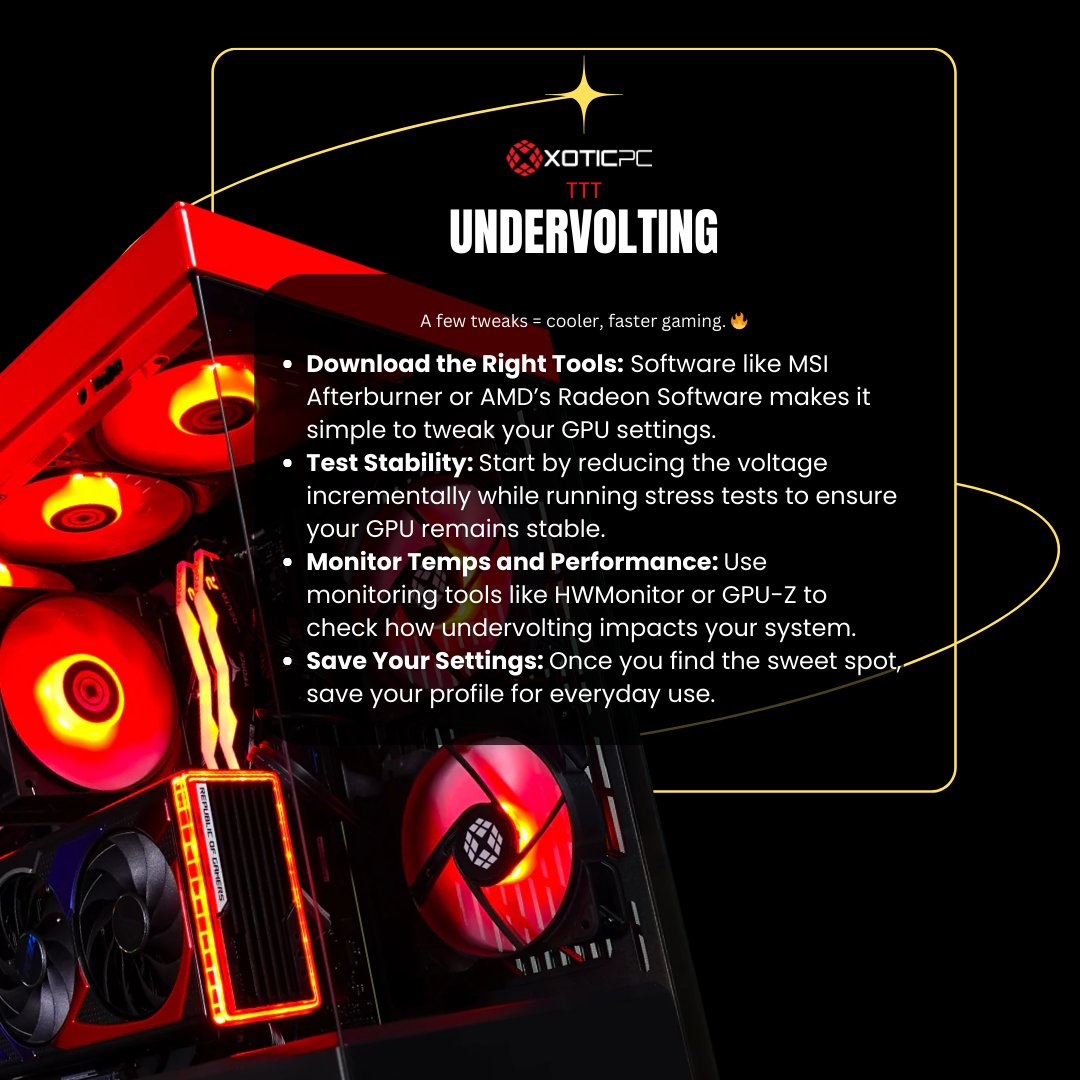 XoticPC's tweet image. 💡⚡Did you know undervolting your GPU can boost performance and lower temps? Learn more here: bit.ly/4ftqxQc #TechTipTuesday #PCPerformance #GamingPC