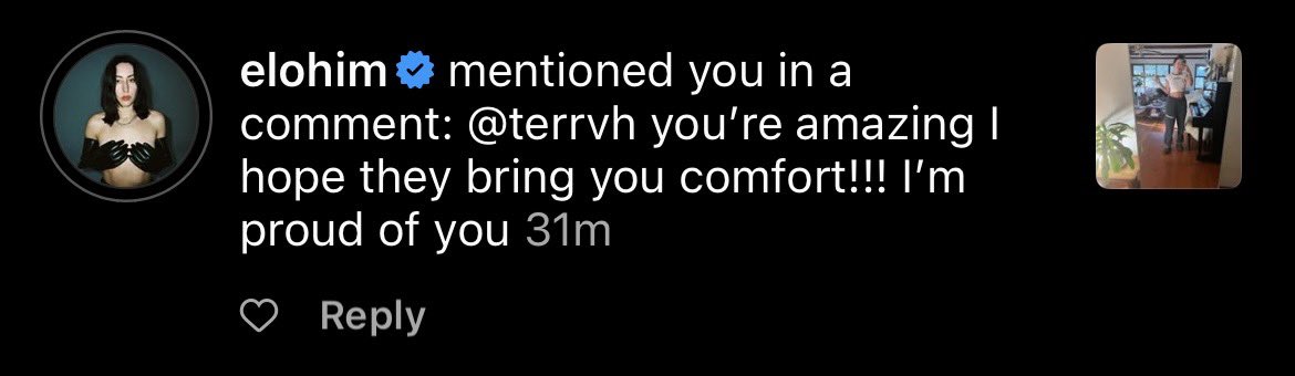<a href="/elohimmusic/">ELOHIM</a> is so good at making her fans feel seen and loved this comment meant everything to me 🥺💗