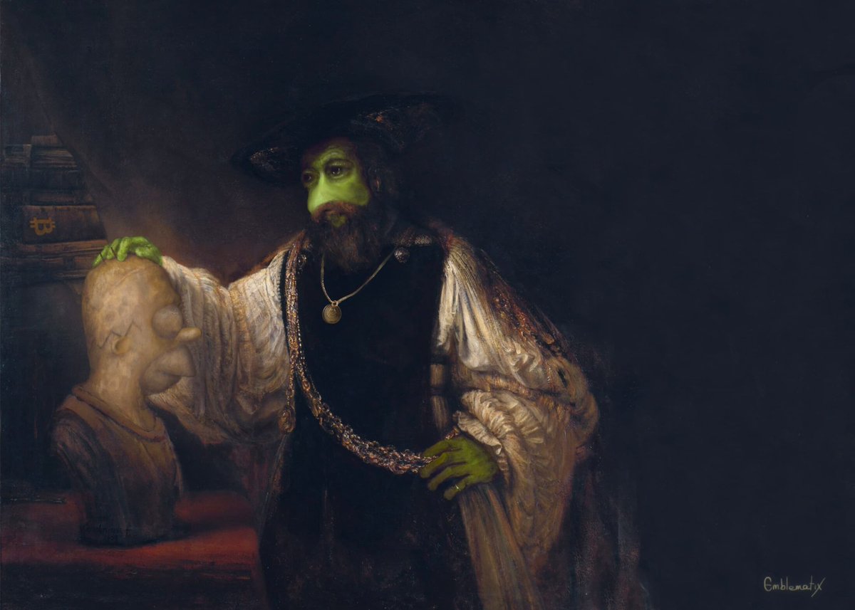 Inscribed Fakes (@inscribedfakes) on Twitter photo Inscribed Fakes
Series 1 - Card 5
Inscription 80,367,531
“RARE HOMER” by <a href="/EmblematiXart/">EmblematiX</a>
Pepe takes a time machine back to the days of candlelit studies and secret alchemy, getting philosophical with his Homer bust Inscribed Fakes
Series 1 - Card 5
Inscription 80,367,531
“RARE HOMER” by <a href="/EmblematiXart/">EmblematiX</a>
Pepe takes a time machine back to the days of candlelit studies and secret alchemy, getting philosophical with his Homer bust