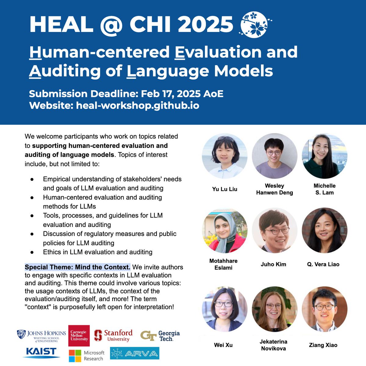 Human-centered Evalulation and Auditing of Language models (HEAL) workshop is back for #CHI2025, with this year's special theme: “Mind the Context”! Come join us on this bridge between #HCI and #NLProc!

Submission deadline: Feb 17 AoE
More info at heal-workshop.github.io.