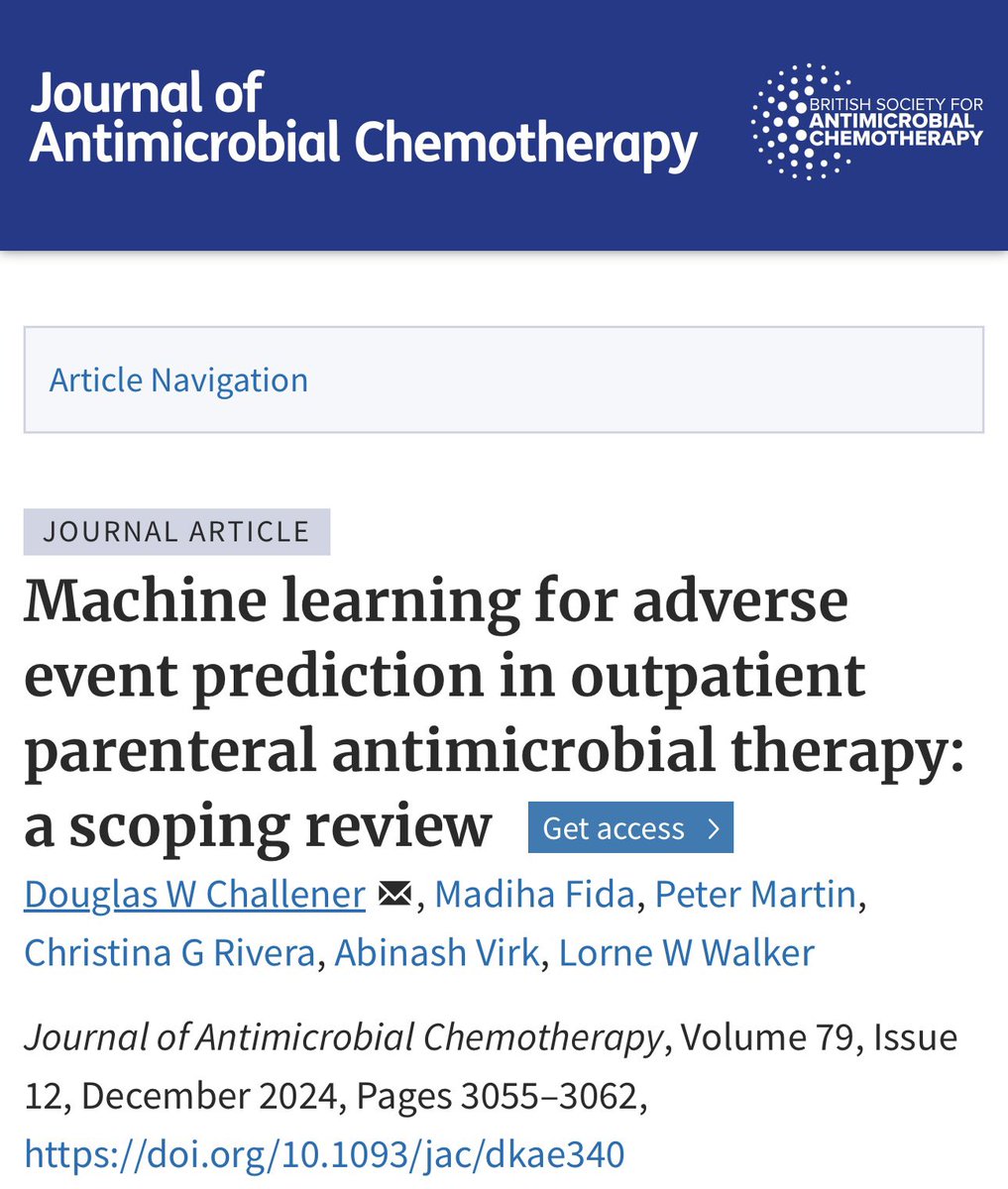 Publication Alert

Machine Learning shows promise for enhancing OPAT outcomes by predicting adverse events and enabling pre-emptive interventions. @dwchallener <a href="/abinashvirkMD/">Abinash Virk</a> <a href="/madihafidamd/">Madiha Fida</a>

doi.org/10.1093/jac/dk…