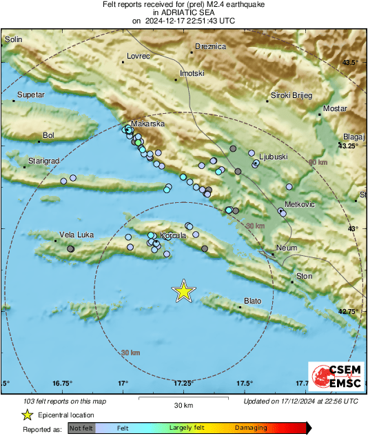 LastQuake's tweet photo. #Earthquake 20 km W of #Blato (#Croatia) 5 min ago (local time 23:51:43). Colored dots represent local shaking & damage level reported by eyewitnesses. Share your experience:
📱https://t.co/QMSpuj6Z2H
🌐https://t.co/smtUESJrp2 https://t.co/HkNTMlB6XW