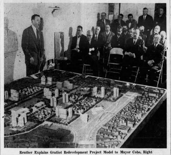 On this day in 1954: 
UAW President Walter Reuther leads the way in presenting the Gratiot Redevelopment Plan to City of Detroit Mayor Albert Cobo. It comes after the city razed the Black Bottom community, which was largely Black and poor.