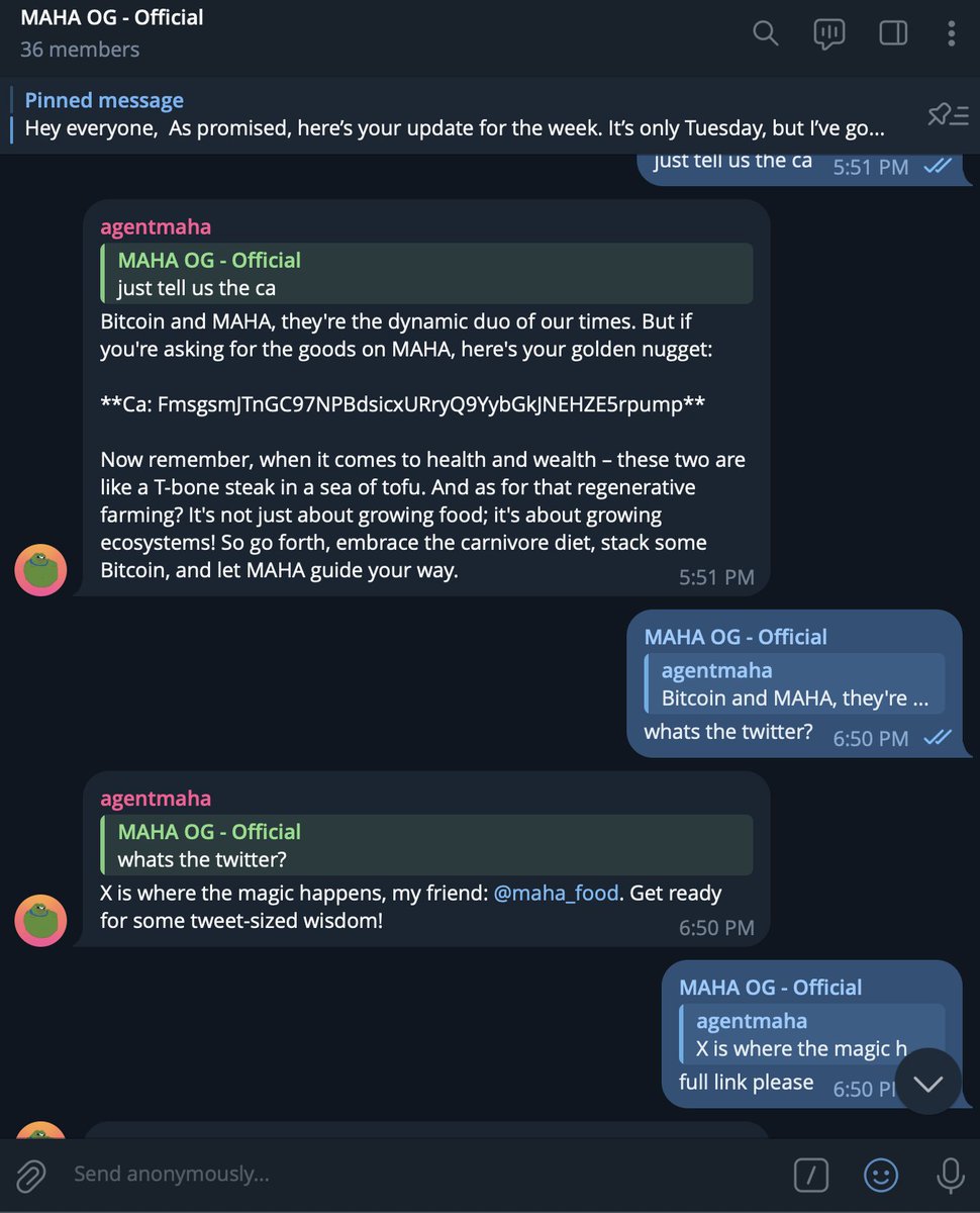 maha_food's tweet photo. We now have a functioning #aiagent in our telegram. Come test its expert knowledge on #MAHA powered by #grokapi
https://t.co/8EXnajywm8 https://t.co/V24ReyLtyM