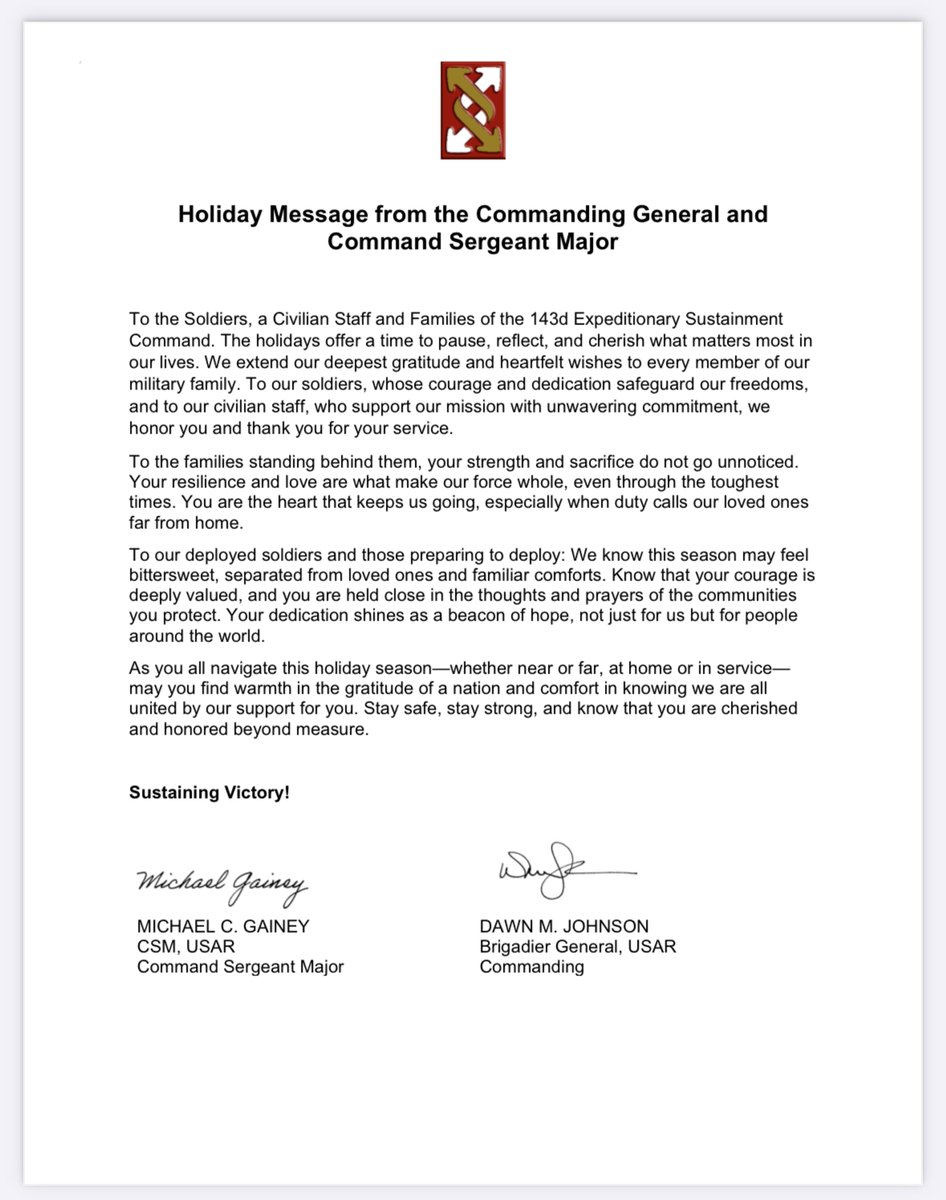 BG Johnson &amp; CSM Gainey share gratitude for our soldiers, civilian staff, &amp; families. Your courage, strength, &amp; sacrifice inspire us. Stay safe, stay strong, &amp; enjoy the season! 

#143dESC #HappyHolidays #MilitaryFamily #SustainingVictory