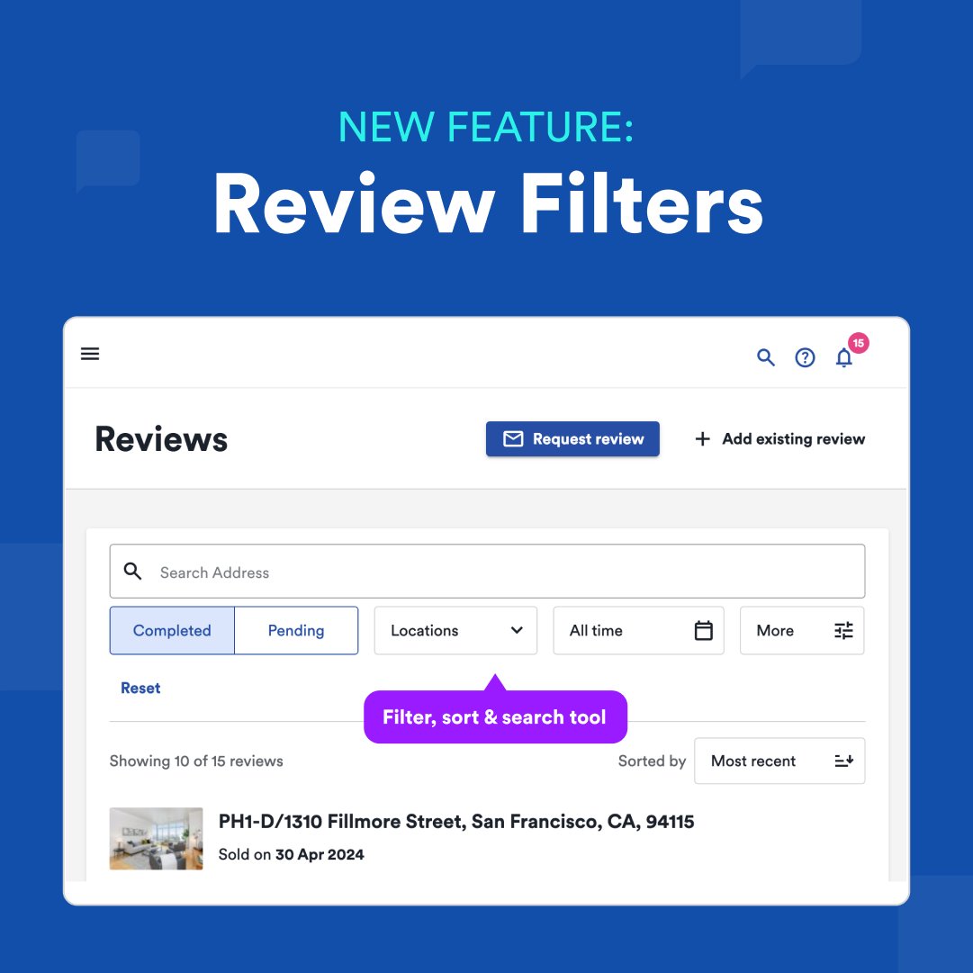 ✨ New Global feature: Review Filters

Effortlessly manage your pending and completed reviews with new sorting and search filters on your RateMyAgent profile.

👉 Step-by-step guide: bit.ly/49GJQEa

#RateMyAgent #Review #Filters #RealEstate #NewFeature #Sort