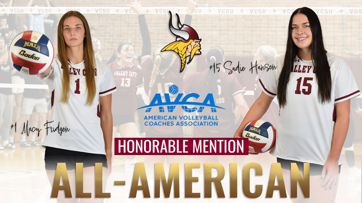 VCSU's Macy Fridgen and Sadie Hansen have each been named Honorable Mention All-American by the AVCA! 🏐

Congratulations on this well-deserved honor! 🎉
Read more 👉 vcsu.news/4iIZqDe