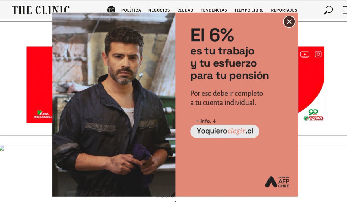 Quise leer la entrevista a la ministra Jara y me encontré con esto: un aviso de la Asociación de AFP que ocupa toda la pantalla, diseñado exclusivamente para oponerse a la reforma de pensiones. Estos avisos están por todas partes: en televisión, medios de comunicación y calles.