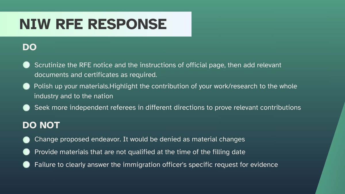 TurboBe1's tweet photo. What should you do when you received #NIW RFE?
Follow the suggestions below and submit additional materials within the set time.

We also have numerous cases of helping clients to answer the RFE and successfully approved NIW, contact us today and start your journey🤩#USvisa https://t.co/fMkeZegAqr