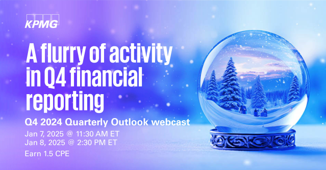 RetrmntActuary's tweet photo. Are you prepared for the changing landscape of financial reporting? Join our webcast 1/7 or 1/8 to explore the latest #SEC, #FASB and sustainability reporting developments. Register now and earn CPE with KPMG. #audit #kpmgfrv https://t.co/OSe9G5RYUy https://t.co/YifJxYZVLp