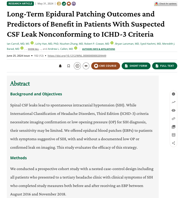 New findings on spinal CSF leaks: Treating symptoms, even without definitive imaging or low pressure, leads to significant and lasting improvement

A recent Stanford study challenges current diagnostic norms and offers hope for patients with unexplained symptoms. Here’s what you