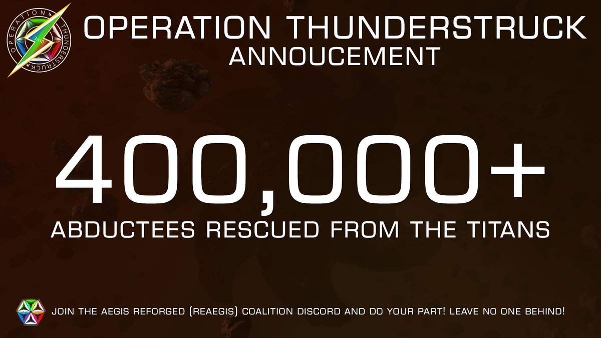 In Elite Dangerous, I have been in charge of the Player-led Operation Thunderstruck, which is rescuing abductees from the Titan before it explodes!
We have reached a major milestone: 400,000+ rescued from the Titans in total through the combined effort of over 185 CMDRs! o7