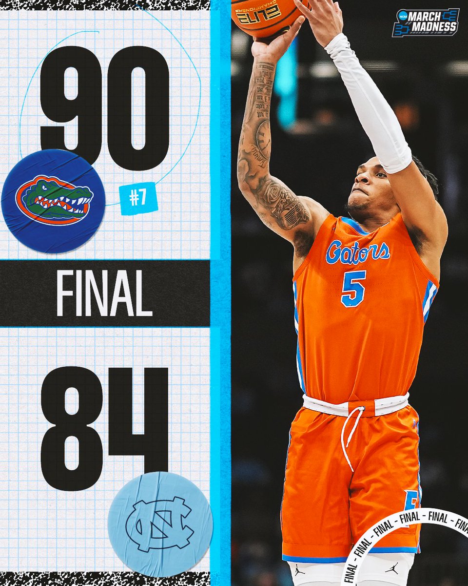 MarchMadnessMBB's tweet photo. NO. 7 FLORIDA HOLDS ON FOR THE W 🐊

The Gators withstand North Carolina’s comeback and take down the Tar Heels in a thriller 🍿 https://t.co/3UCzv34wqO