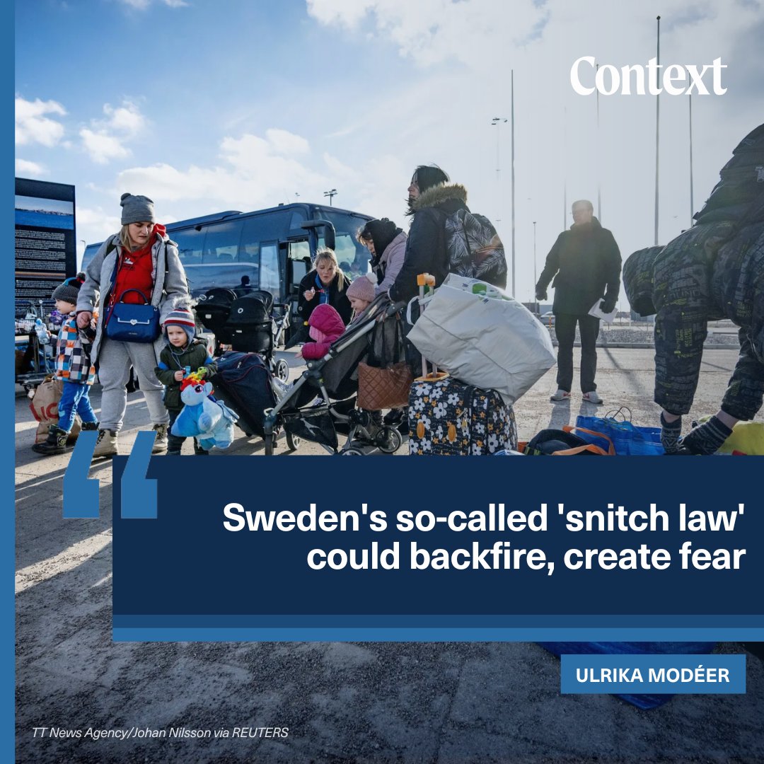 ContextNewsroom's tweet photo. 🗣️ Opinion: A proposed new law requiring public sector workers to give details on undocumented migrants to the police has sparked debate and fear.

Ulrika Modéer [@UlrikaModeer], secretary general of @RodaKorset, writes for Context.

🔗 https://t.co/9XCszhB6AI https://t.co/rXKXpyAKxt
