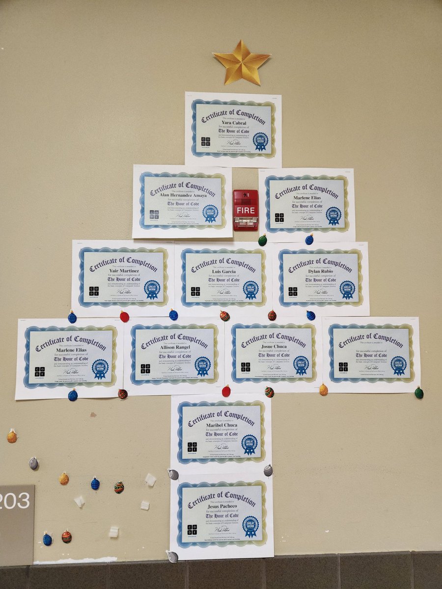 JoseLSilvaSmith's tweet photo. Our Tornillo HS Annual tradition after celebrating @CSEdWeek, our Computer Science Christmas Tree made up of student certicates for their participation in CS Hour of Code using @GoCoderZ! Yay! β€οΈππ#TISDProud #TornilloISD #TornilloCTE #CSEdWeek #GoCoderZ https://t.co/TkR1LzbUTp
