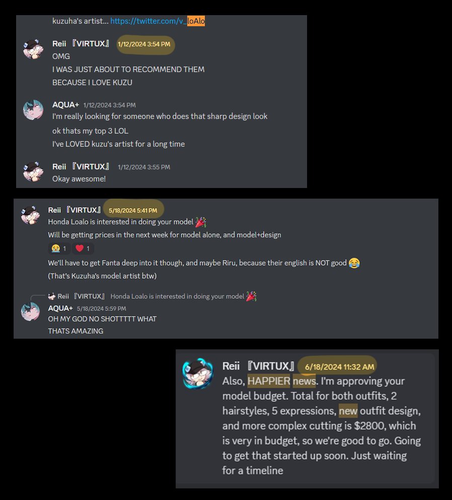 In January, I told VIRTUX's CEO about my dream model artist, Honda Loalo (Kuzuha's mama).
In May, he told me they've been contacted and are interested to work on my model, complete with a quote, and that the project is well underway.
I was over the moon, I never even thought of