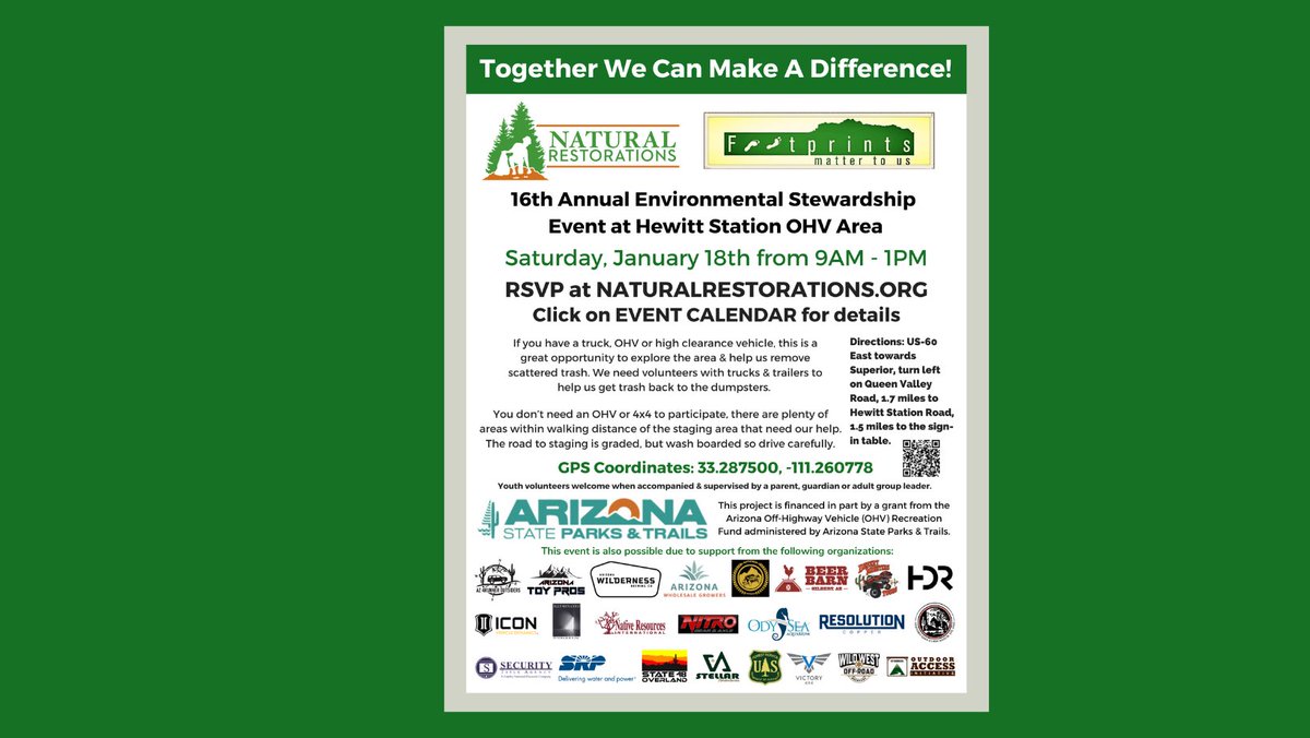 Don't miss the 16th annual Hewitt Station Cleanup on the <a href="/TontoForest/">Tonto National Forest</a> on 1/18/25. This project is financed in part by a grant from the Arizona Off-Highway Vehicle (OHV) Recreation Fund administered by <a href="/AZStateParks/">Arizona State Parks</a>. eventbrite.com/e/111666141735…