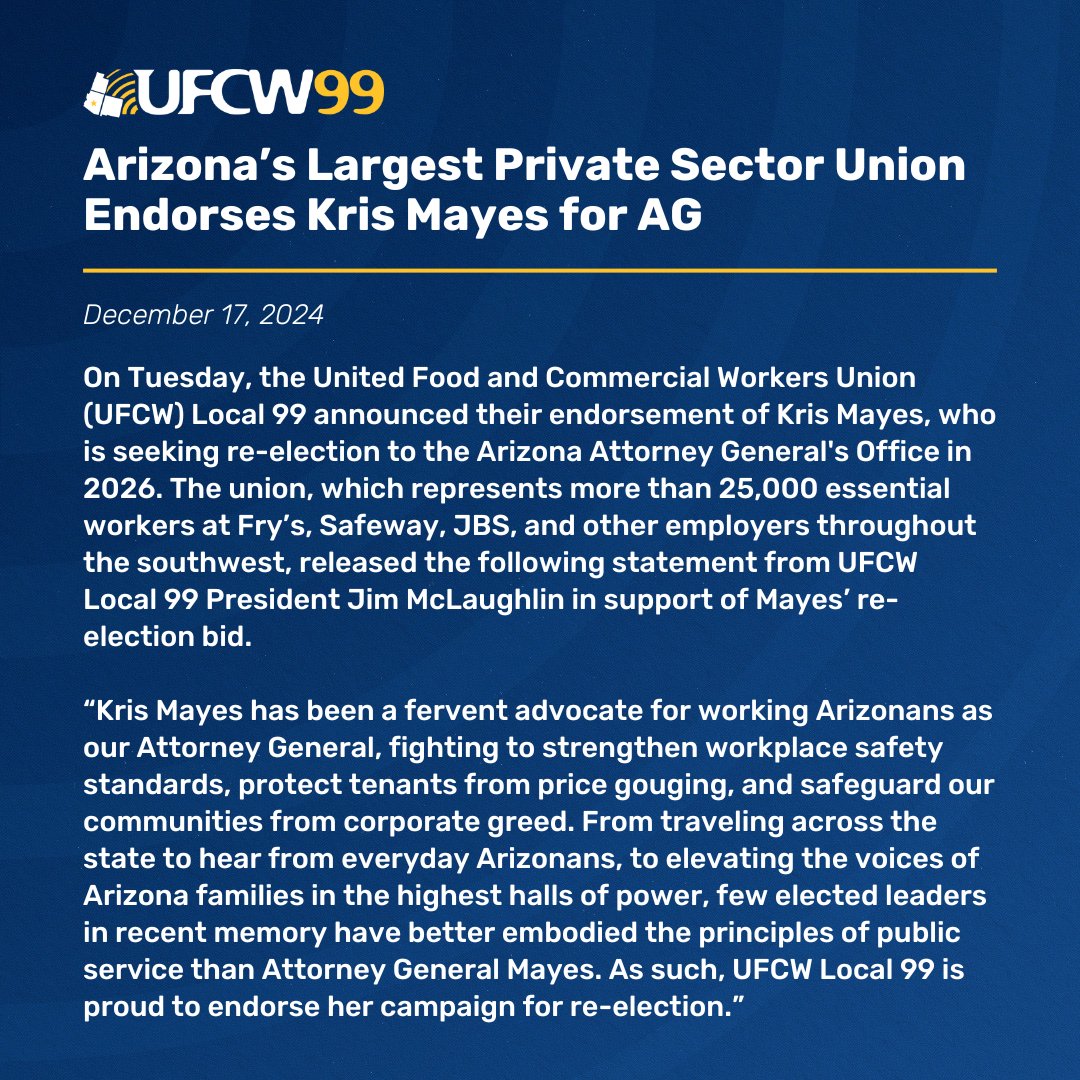 UFCW Local 99 is proud to announce our support of <a href="/krismayes/">Kris Mayes</a>' campaign for re-election to the Arizona Attorney General's Office. Read our full release with a statement from UFCW 99 President Jim McLaughlin below ⤵️