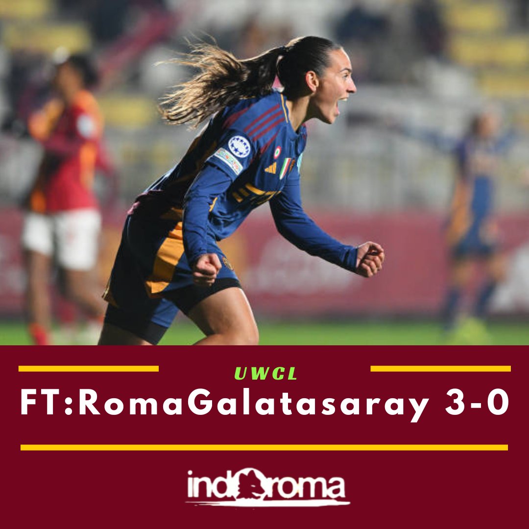 indoroma_'s tweet image. ⚽ 9&apos; #Corelli 🐺
⚽ 82&apos; #Ventriglia 🐺
⚽ 90&apos;+3&apos; #Linari 🐺

.
#ASRoma #UWCL #RomaGalatasaray #ASRomaWanita #ASRomaWomen #RomaFemminile #ASRomaFemminile #ForzaRoma #DajeRoma #giallorosse #indoroma