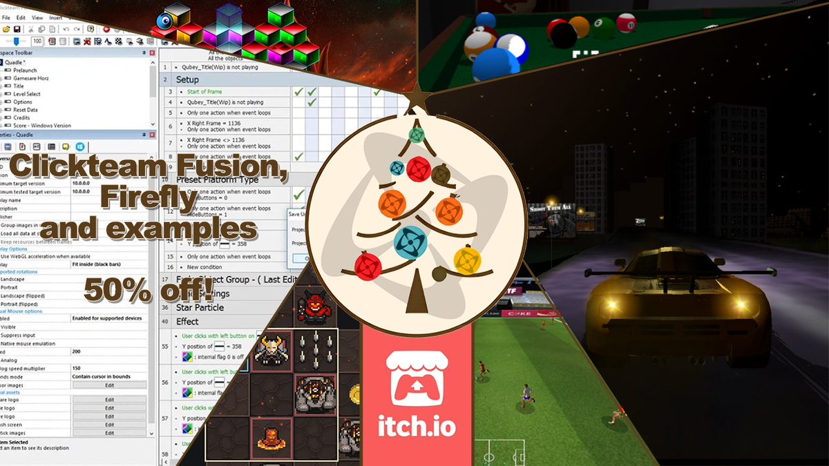 Clickteam's tweet photo. Grab 50% off of Clickteam Fusion 2.5, Firefly and several examples over at https://t.co/BIOFEh1BnI #MadeWithFusion #Indiedev #itchio 

https://t.co/Z4hhinbNMj https://t.co/VSDLXupaYw