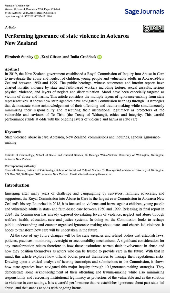JournalofCrim's tweet photo. .@StanleyLizzy, Gibson &amp; Craddock analyse strategies and outcomes from the NZ Royal Commission of Inquiry into Abuse in Care of children, young people and vulnerable adults from 1950-99 and identify the multiple layers of ‘ignorance-making’ https://t.co/jxI9wlCiiB https://t.co/hWJ1NWwpFY