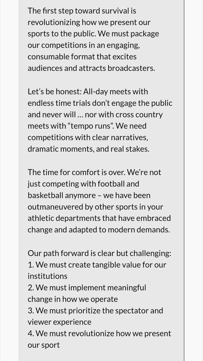 Lilot1TrackMind's tweet photo. Sam Seemes of @USTFCCCA is spot on here. 

"Let’s be honest: All-day meets with endless time trials don’t engage the public and never will … nor with cross country meets with “tempo runs”. We need competitions with clear narratives, dramatic moments, and real stakes." https://t.co/i36lVagXke
