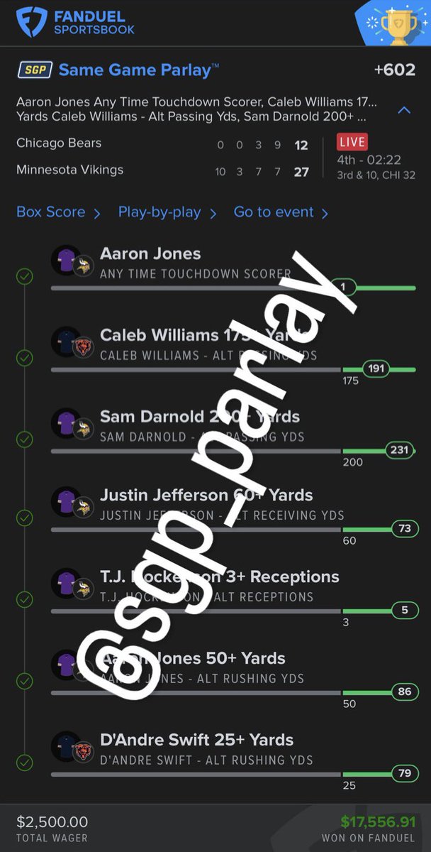 SGP_Parlay's tweet photo. Sending $500 to someone who retweets &amp; likes this post!

✅ Bears/Vikings SGP (+602)

$2,500 ➡️ $17,500 💰

First day back from Vegas and we cash for almost 20 bands!!

Drop your cashapps &amp; venmos below 🔥

#Fanduel #GamblingX #GamblingCommunity #GamblingTwitter #SGP #Parlay #NFL https://t.co/hIKXoGulkV