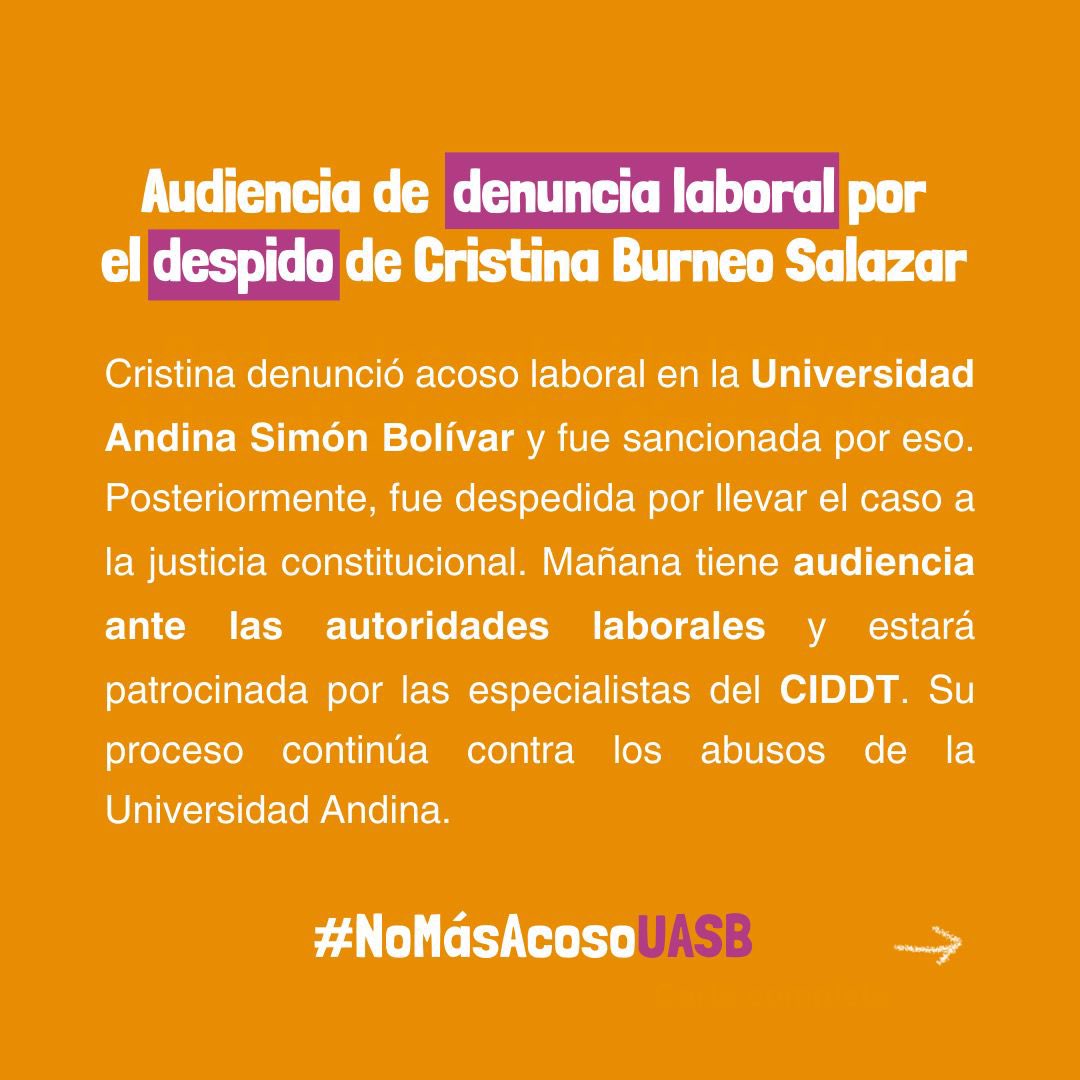⭕️ Mañana será la audiencia ante las autoridades laborales por el despido de nuestra compañera <a href="/cristinaburneos/">cristina burneo salazar 🫀</a> por parte de la <a href="/uasbecuador/">Universidad Andina</a>.

Cristina no está sola, estamos vigilantes. ¡UASB, basta de vulnerar los derechos de nuestra compañera!  
#NoMásAcosoUASB 
🧵