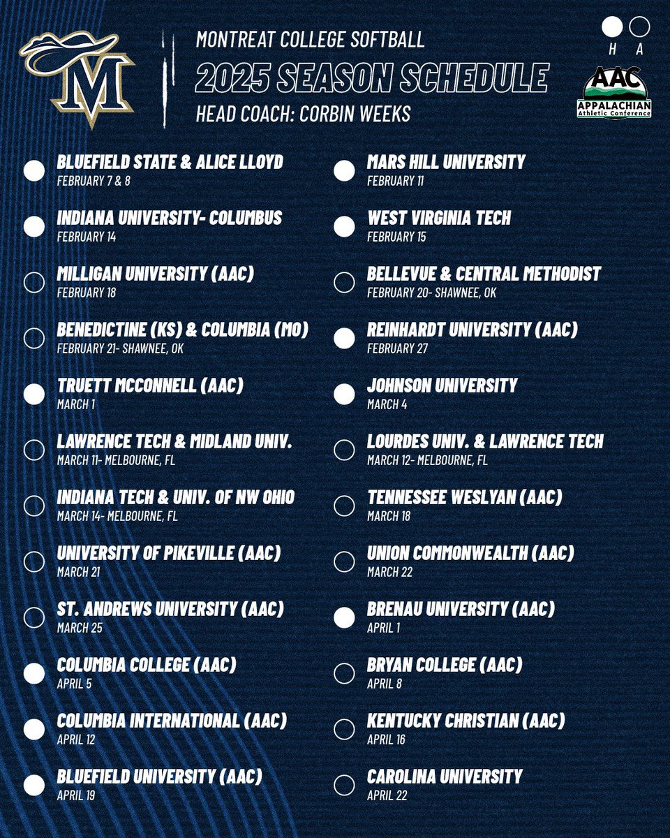 📆 MARK YOUR CALENDAR 📆

Mark your calendar and catch the Cavaliers during the 2025 season!

The schedule features 26 home games and 24 road games across NC, Florida, Oklahoma, Tennessee, and Kentucky. 

For more information, visit montreatcavaliers.com

#CavClan⚔️ | #HereNow