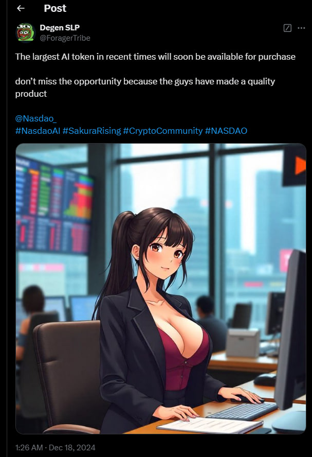 ForagerTribe's tweet photo. @Nasdao_

on Daos.funis a groundbreaking AI-driven crypto project, merging innovation with blockchain to redefine decentralized trading.I LOVE

AY2aabX5owGXVJff65tXZvhRCk2SuLrcDbyFXKA9kfMr    #NasdaoAI #SakuraRising #CryptoCommunity #NASDAO #NDAO #SAKURA https://t.co/BVDi0rZrZ6
