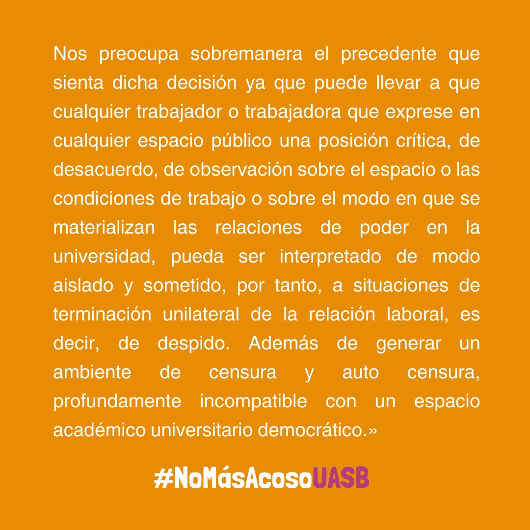 Las asociaciones de trabajadorxs y docentes de la <a href="/uasbecuador/">Universidad Andina</a> también se han pronunciado en estos días al interior de la institución. #NoMásAcosoUASB 

Aquí un extracto del pronunciamiento ⬇️