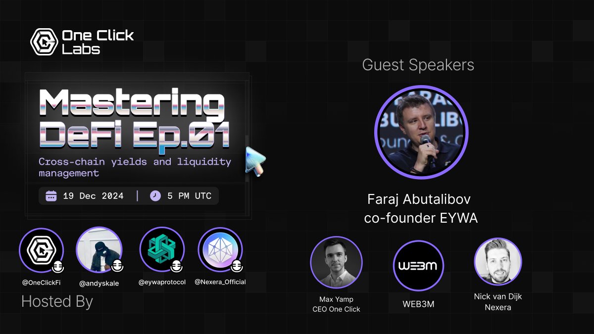OneClickFi's tweet image. How can we solve the problem of fragmented liquidity in DeFi?

Join us for episode 1 of Mastering DeFi where we speak to @eywaprotocol CBDO @faraj_abut about just that!

Guest speakers: @N_van_dijk, @_WEB3M_, @maxyamp 

SET YOUR REMINDER NOW! x.com/i/spaces/1RDxl…
