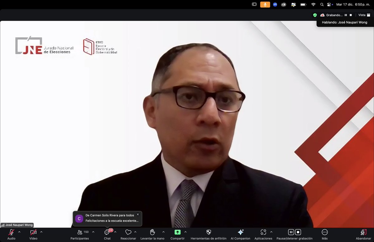 📌 Hoy, 17 de diciembre, se desarrolló el Módulo N° 6 de los Martes Electorales con el tema "Los hitos electorales: Proceso de Consulta Popular de Revocatoria 2025 y Elecciones Generales 2026", con la participación del Mg. José Naupari Wong.