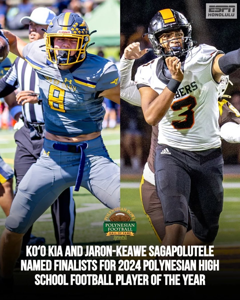 ESPN Honolulu (@espnhonolulu) on Twitter photo Out of eight finalists, Punahou’s Koʻo Kia and Campbell’s <a href="/JaronKeawe/">Jaron Keawe Sagapolutele</a> proudly represent Hawaii as contenders for the prestigious Polynesian High School Football Player of the Year award. Congratulations! <a href="/polynesiabowl/">POLYNESIAN BOWL</a> Out of eight finalists, Punahou’s Koʻo Kia and Campbell’s <a href="/JaronKeawe/">Jaron Keawe Sagapolutele</a> proudly represent Hawaii as contenders for the prestigious Polynesian High School Football Player of the Year award. Congratulations! <a href="/polynesiabowl/">POLYNESIAN BOWL</a>