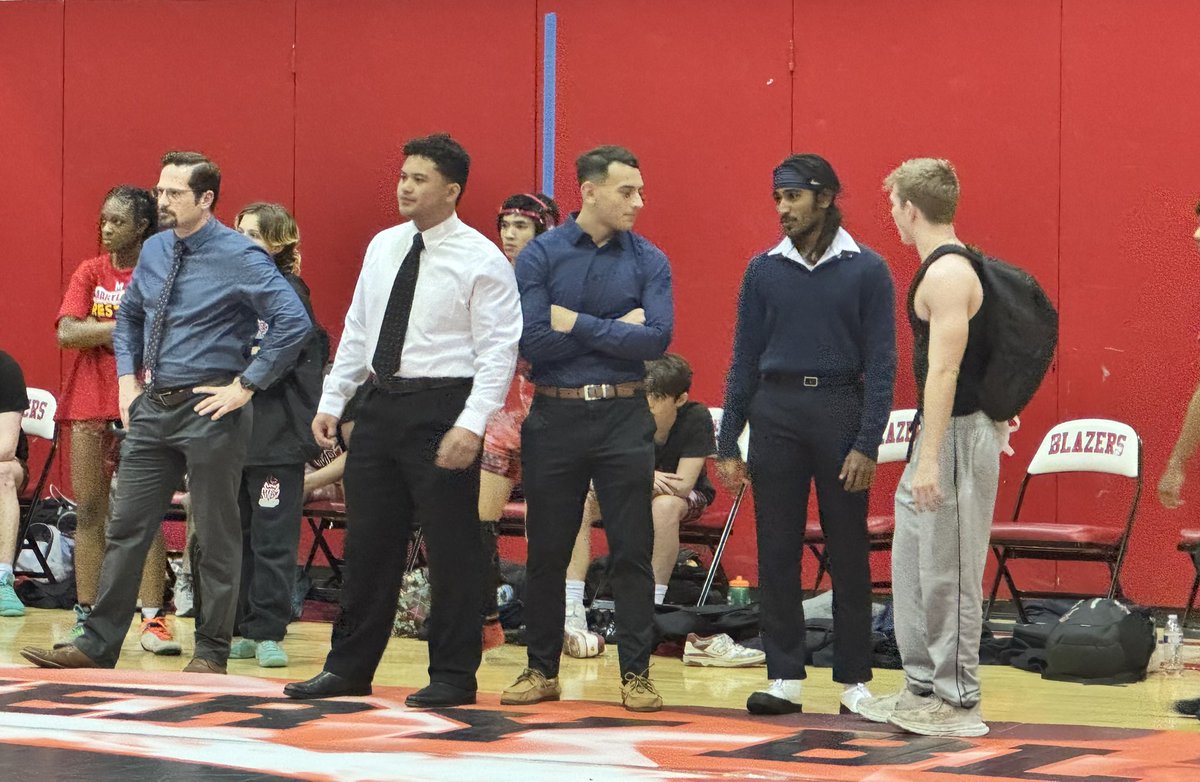 BlairAthletics's tweet photo. Wrestling with the win over Sherwood!! Well done, Blazers. And look at our coaches!! Blazer wrestling alumni Nimesh, Merv and Elias! Awesome all around. https://t.co/5pXDnwwdwK