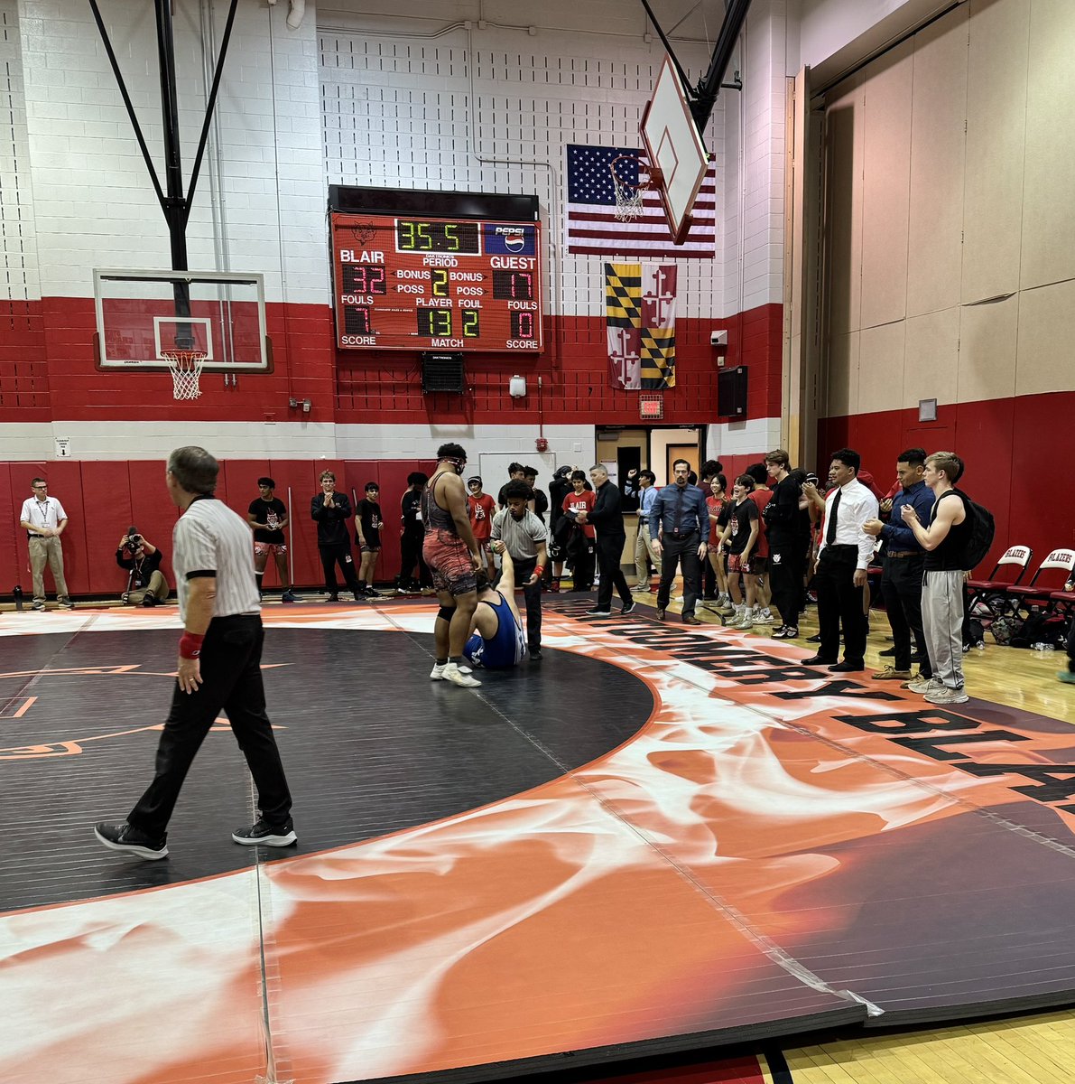 BlairAthletics's tweet photo. Wrestling with the win over Sherwood!! Well done, Blazers. And look at our coaches!! Blazer wrestling alumni Nimesh, Merv and Elias! Awesome all around. https://t.co/5pXDnwwdwK