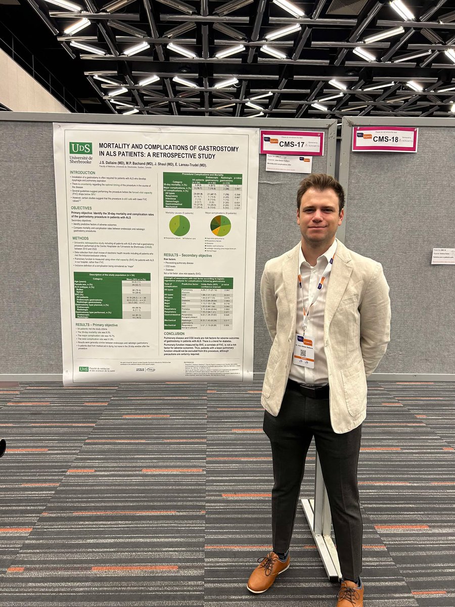 Résidents neuro de Sherbrooke (@sherbbrains) on Twitter photo UdeS proudly represented by Jean-Simon Dallaire (R3) at the 35th International Symposium on ALS/MMN in Montreal 🤩🧠
His presentation focuses on complications and mortality related to gastrostomy placement in patients with ALS. Congratulations! 🙌🏼✨ UdeS proudly represented by Jean-Simon Dallaire (R3) at the 35th International Symposium on ALS/MMN in Montreal 🤩🧠
His presentation focuses on complications and mortality related to gastrostomy placement in patients with ALS. Congratulations! 🙌🏼✨